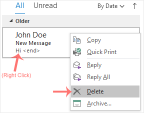 Outlook 2019 delete message