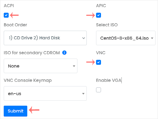 Virtualizor Enable Disable VNC ACPI APIC