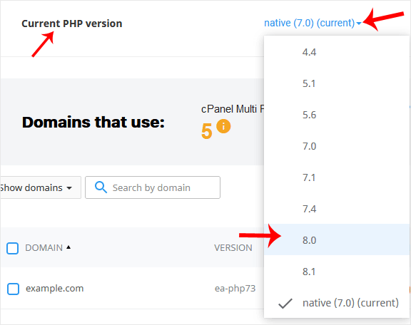 CP CL current PHP version option