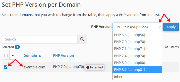 Cpanel multiphp select domain full