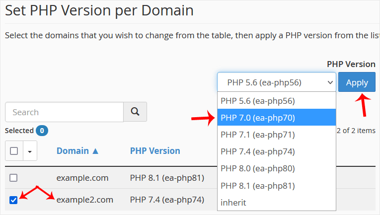 Cpanel multiphp select second domain