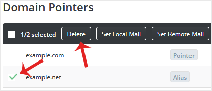 Da domainpointer delete alias