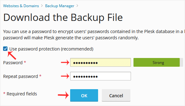 Plesk account backup password protection