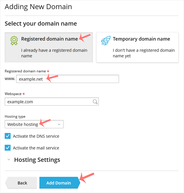 Plesk add domain options