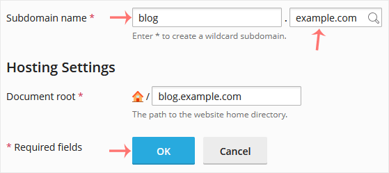 Plesk add subdomain options