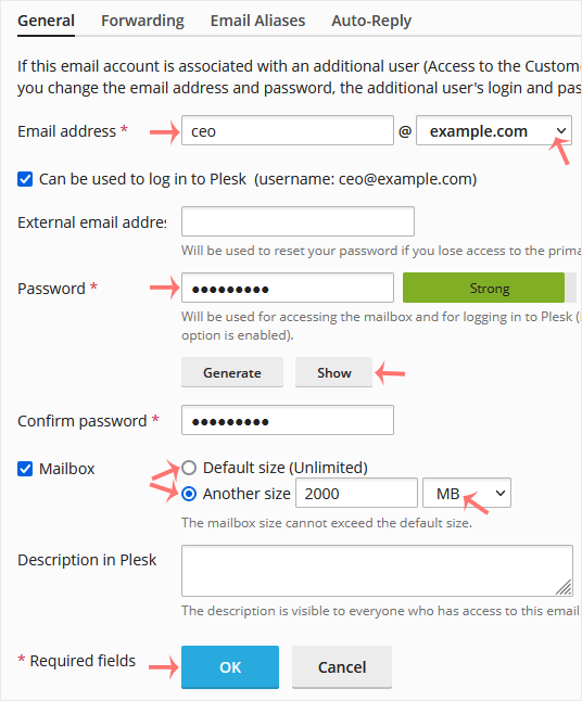 Plesk create email address