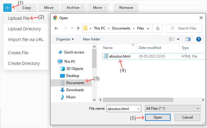 Plesk filemanager upload file