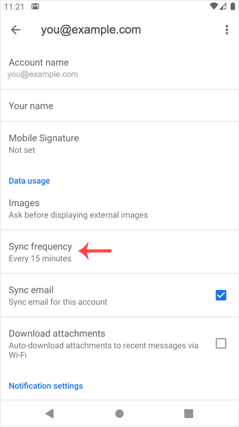 Set sync android cpanel email config