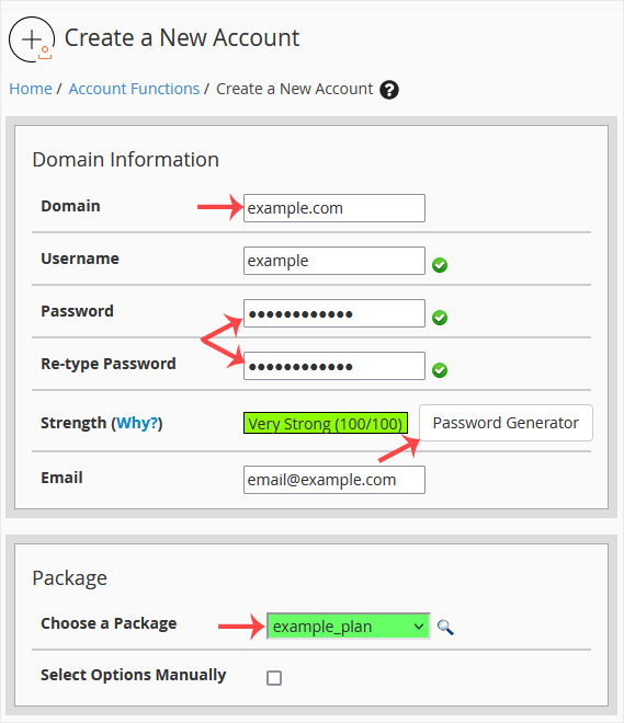 Whm reseller create account domaininfo