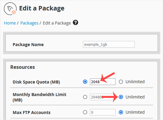 Whm reseller modify save package
