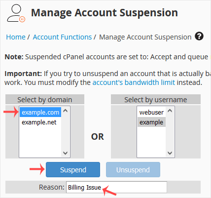 Whm reseller suspend account